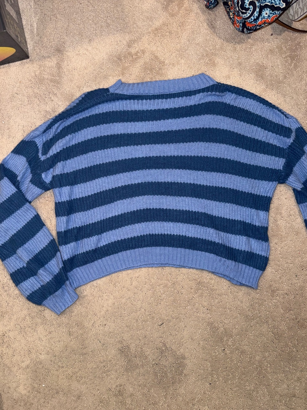 SHEIN Light Blue and Navy Striped Cropped Crewneck Sweater